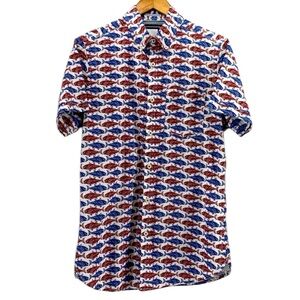 Zipcode Men’s small short sleeve button down shirt NWT red blue fish patriotic